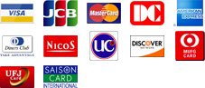 VISA、JCB、MasterCard、DC、アメリカン・エキスプレス（アメックス）、ダイナース、NICOS、UC、Discover Card、MUFG、UFJカード、セゾンカード